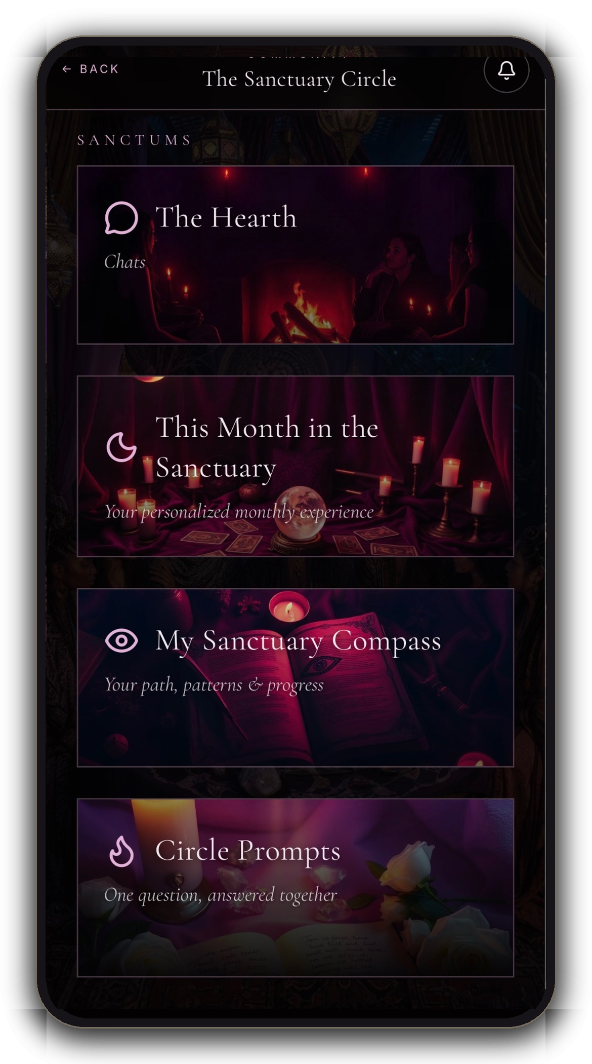 The Sanctuary Circle sanctums - The Hearth, This Month in the Sanctuary, My Sanctuary Compass, and Circle Prompts - tap to enlarge